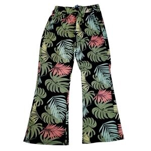 Lark + Grey Tropical Leaf Print Wide Leg Flare Pants Black Green Pink Large